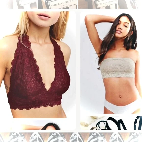 FREE PEOPLESLot of 2 Lace Maroon Burgundy Bralette Tan Strapless Bandeaus
